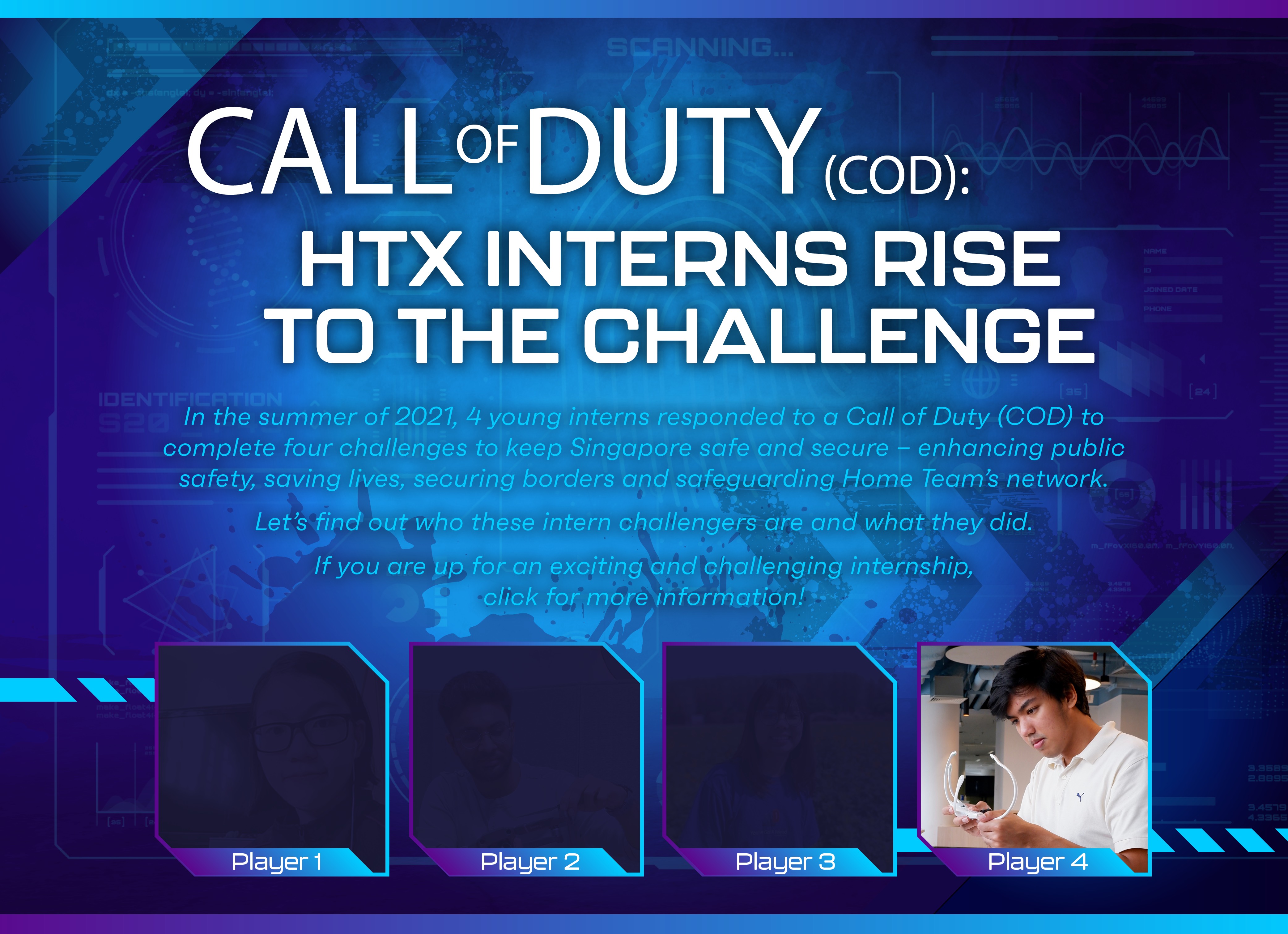 Game-themed graphic titled “Call of Duty: HTX Interns Rise to the Challenge,” introducing four interns. Player 4 shows Muhammad Zaki handling a device, while Player 1, Player 2, and Player 3 slots are dimmed silhouettes.